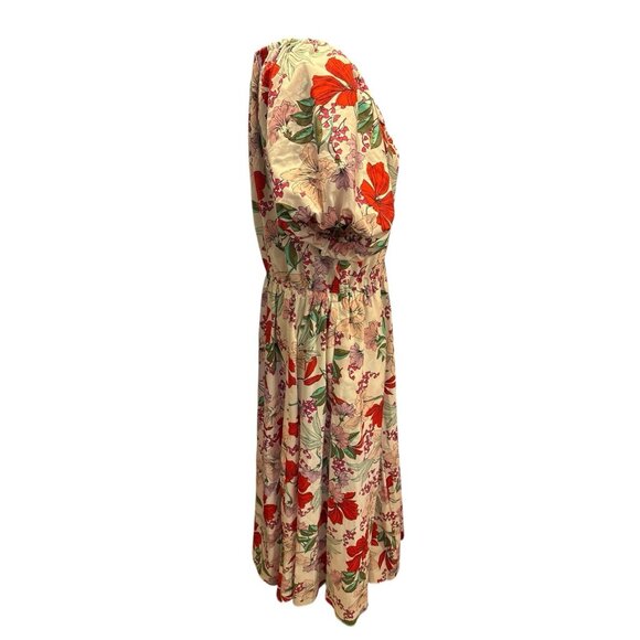 On 34th Floral Maxi Cotton Dress Elastic Waist Puff Short Sleeve Pockets Size L - Picture 4 of 8